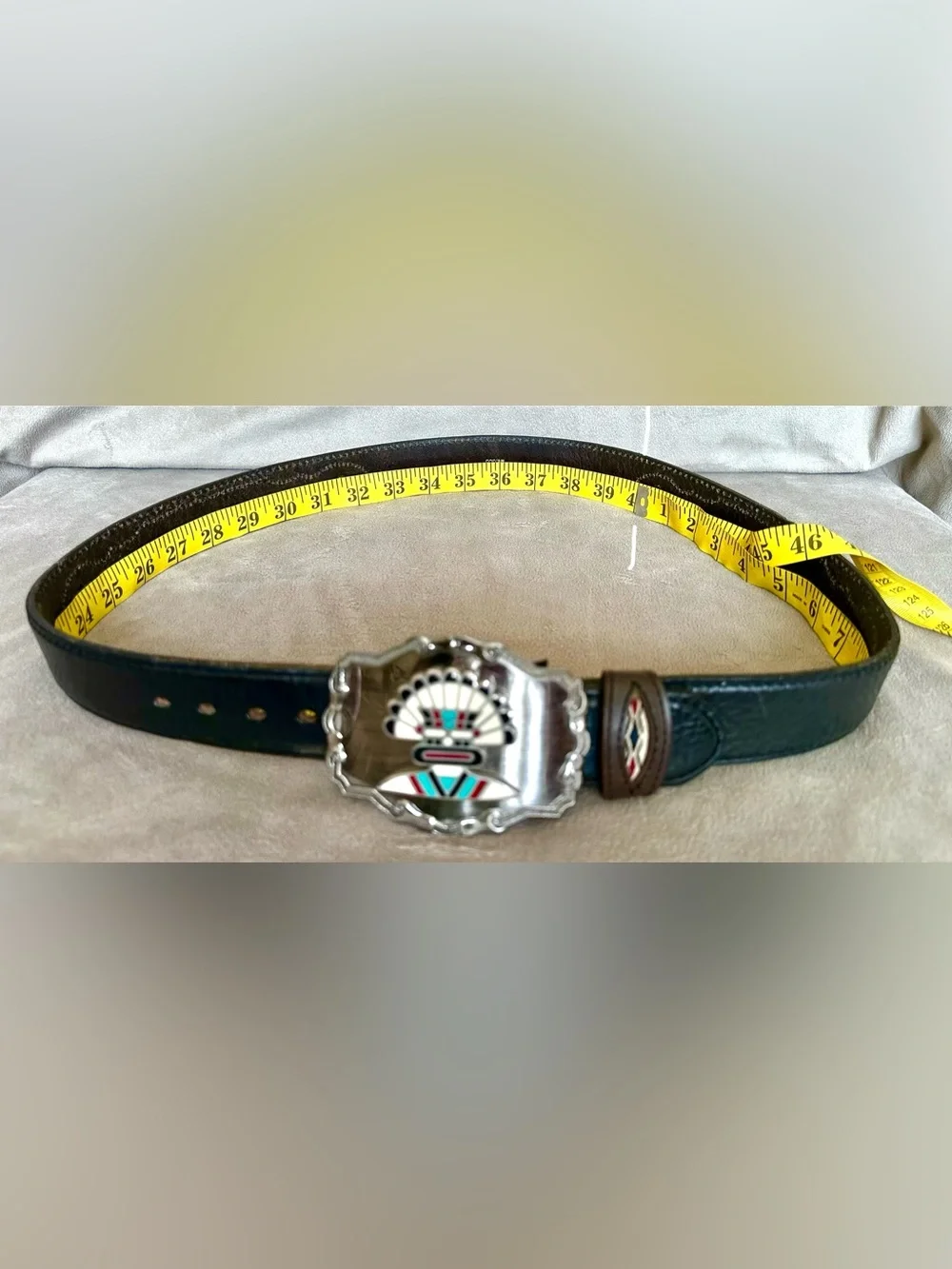 VINTAGE AZTEC THEMED LEATHER BELT & USA BUCKLE.
